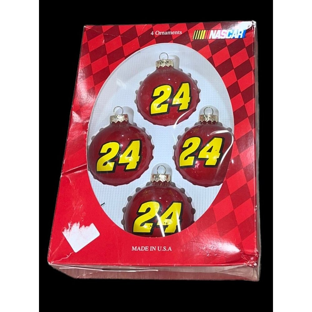 4 Vintage Nascar Red Yellow Christmas Tree Balls Ornaments Jeff Gordon? # 24